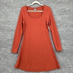 Old Navy Dress Womens Small Rust Rib Knit Scoop Neck Long Sleeve A-Line Skater